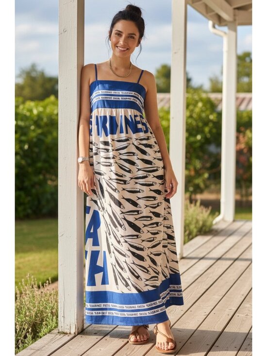 Dresses & Skirts - Mediterranean Sardine Fish Square Neck Adjustable Spaghetti Strap Maxi Dress